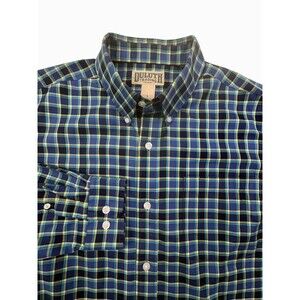 Duluth Trading Wrinkle Resistant Plaid Shirt Blue Green 100% Cotton Large